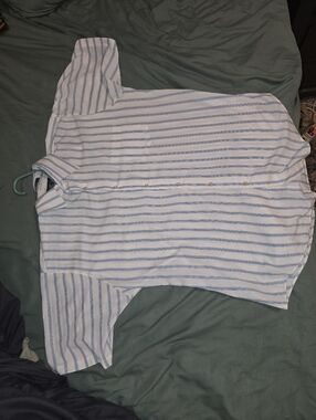 Men's White Button-Up Short Sleeve Shirt with Blue Stripes 18.5 HARBOUR CLASSICS
